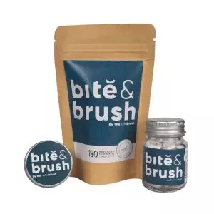 Kindbrush Bite&Brush Hydroxyapatite Toothpaste Tablets Zerowaste Natural Plastic Free Glass Tin Refill