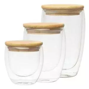 Microgarden Double Wall Glass Tumbler Coffee Cup with Bamboo Lid Sizes and Sets