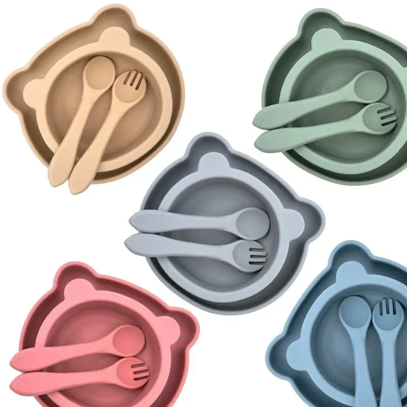 Mini Matters Baby Toddler 4 Piece Silicone Feeding Set with Suction Bowl Suction Plate and Cutlery